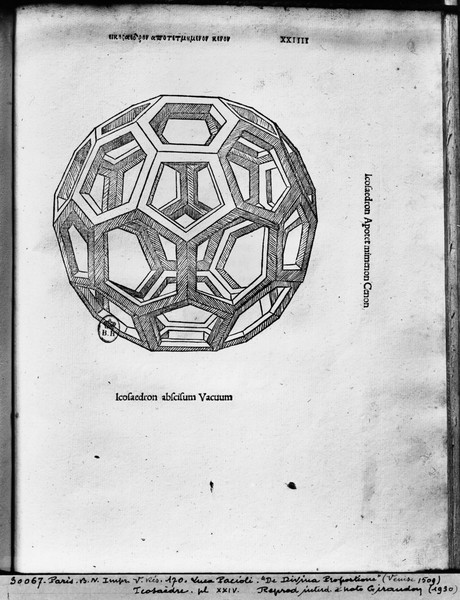 Leonardo da Vinci, Icosahedron, from 'De Divina Proportione' by Luca Pacioli, published 1509, Venice (engraving) (b/w photo)