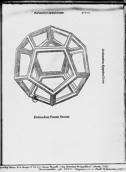 Leonardo da Vinci, Dodecahedron, from 'De Divina Proportione' by Luca Pacioli, published 1509, Venice (engraving) (b/w photo)