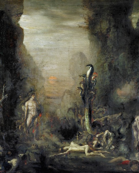 Narcisse Berchere, Hercules and the Lernaean Hydra, after Gustave Moreau, c.1876 (oil on canvas) (Herkules, Held, Monster, Ungeheuer,  lernäische Hydra, mehrköpfig, Kampf, Held, Mythologie, Wohnzimmer, Malerei, Wunschgröße, bunt)