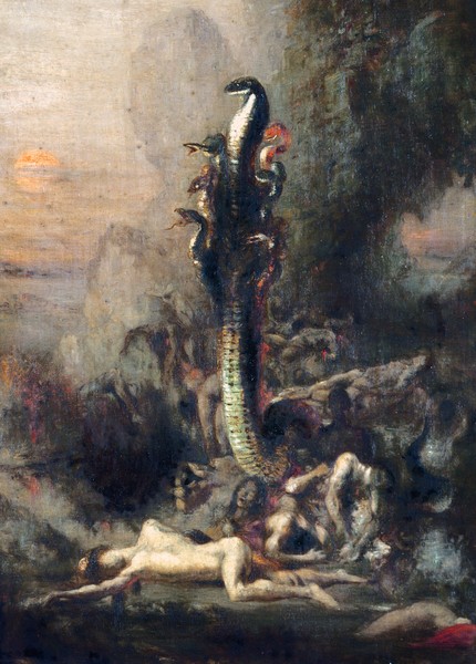 Narcisse Berchere, Hercules and the Lernaean Hydra, after Gustave Moreau, c.1876 (oil on canvas) (detail of 226576) (Herkules, Held, Monster, Ungeheuer, lernäische Hydra, mehrköpfig, Kampf, Held, Detail, Mythologie, Wohnzimmer, Malerei, Wunschgröße, bunt)