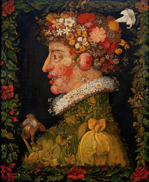 Giuseppe Arcimboldo, Spring, from a series depicting the four seasons, 1573 (oil on canvas) (Wunschgröße, Gesicht, Portrait, Blumen, Blüten, Blätter, floral, Frühling, Jahreszeit, Personifizierung, bizarr, Manierismus, Allegorie, Figurativ, Klassiker, Wohnzimmer, Esszimmer, bunt)