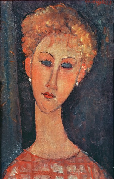 Amedeo Modigliani, Young Girl with Earrings (oil on canvas) (Portrait, Gesicht, Bildnis, Frau,  Expressionismus, klassische Moderne, Malerei, Wohnzimmer, Treppenhaus, Wunschgröße, bunt)