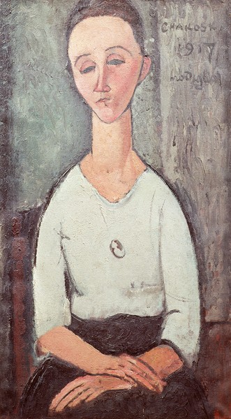 Amedeo Modigliani, Portrait of Madame Chakowska, 1917 (oil on canvas) (Portrait, Gesicht, Sitzende, Frau,  Expressionismus, klassische Moderne, Malerei, Wohnzimmer, Treppenhaus, Wunschgröße, bunt)