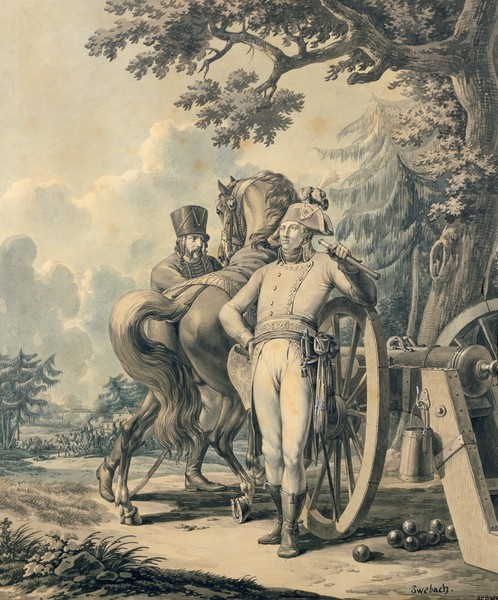 Jacques Francois Joseph Swebach, General Jean Victor Moreau (1763-1813) (pen & ink, gouache and w/c on paper) (General, Franzose, Französische Revolution, Kanone, Landschaft, Kanonenkugeln, Pferd, Persönlichkeiten, Grafik, Wunschgröße, Wohnzimmer, Farbgouache, blaß/bunt)