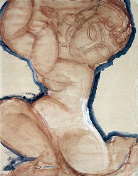 Amedeo Modigliani, Pink Caryatid with a Blue Border, c.1913 (w/c on paper) (Akt, Aktzeichnung, Karyatide, Kanephore, Frau, Studie, Expressionismus, klassische Moderne, Malerei, Wohnzimmer,  Schlafzimmer, Wunschgröße, bunt)