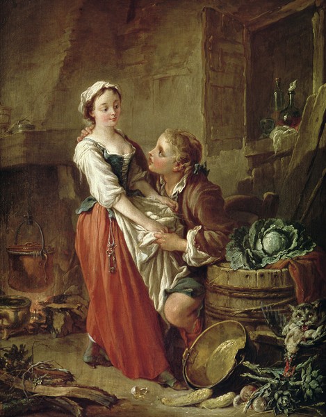 Francois Boucher, The Beautiful Kitchen Maid (oil on canvas) (Küche, Magd, Mann, Begehren, ländlich, bäuerlich, Genre, Rokoko, Malerei, Klassiker, Wunschgröße, Wohnzimmer, Schlafzimmer, bunt)