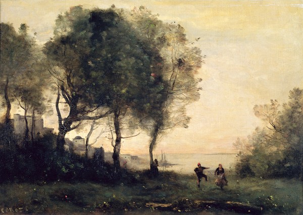 Jean Baptiste Camille Corot, Souvenir of Italy (oil on canvas) (Landschaft, Landschaftsmalerei, Natur, Bäume, See, Tanzende, Spaß, Italien, Klassiszismus Sommer, Wohnzimmer, Malerei, Klassiker, Wunschgröße, bunt)