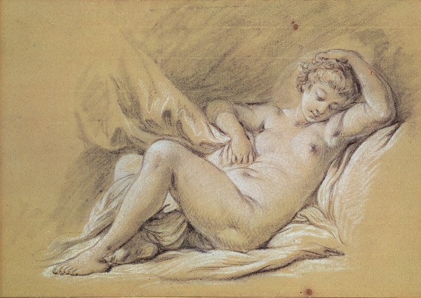 Francois Boucher, Nude Woman on a Bed (charcoal & white chalk on paper) (Mädchen, junge Frau, Schlafende, nackt, Erotik, Rokoko, Skizze, Zeichnung, Klassiker, Wunschgröße, Wohnzimmer, Schlafzimmer, bunt)