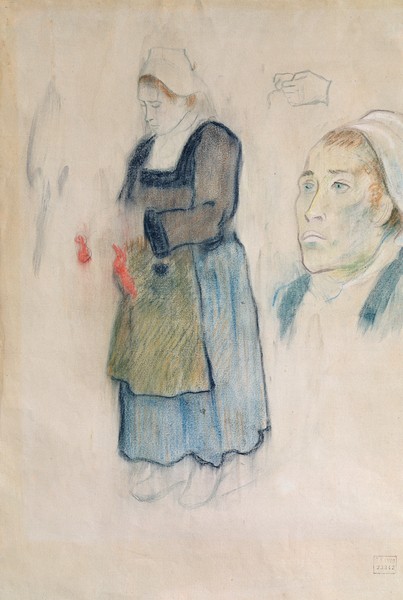 Paul Gauguin, Studies of Breton peasants, 1888 (red chalk, charcoal & pastel on beige paper)