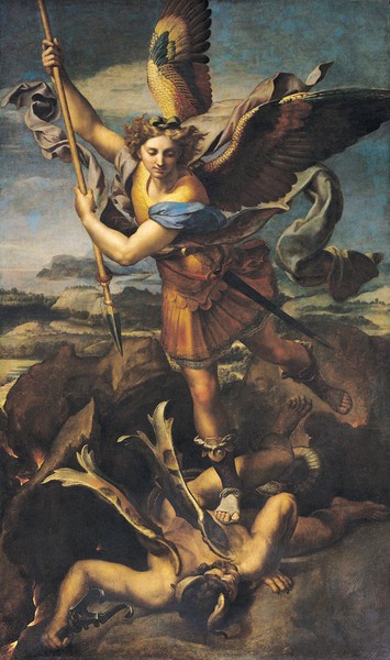 Raphael, St. Michael Overwhelming the Demon, 1518 (oil on canvas) (Erzengel, Michael, Luzifer, Sturz, Höllensturz, Sieg, Religion, Renaissance, Malerei, Klassiker, Wunschgröße, Wohnzimmer, bunt)