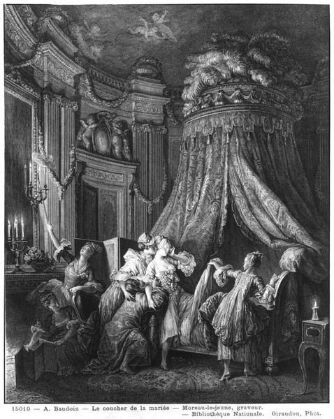 Pierre Antoine Baudouin, The bride's going-to-bed ceremony, engraved from Jean-Michel Moreau, said the Young (1741-1814) (b/w photo) (Braut, Bett, Baldachin, Dienerinnen, Hochzeitsnacht, Grafik, Wohnzimmer, Wunschgröße, schwarz/weiß)