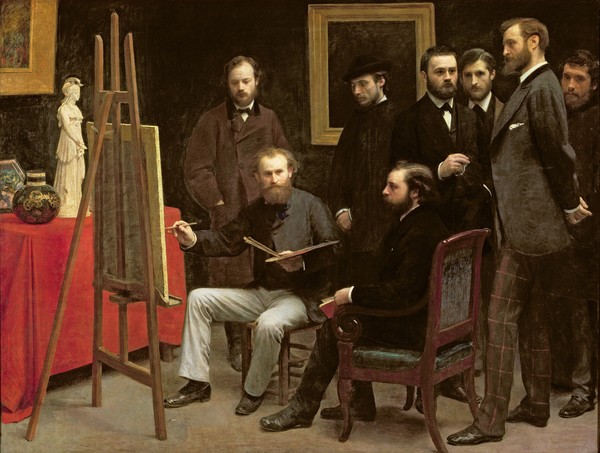 Ignace Henri Jean Fantin-Latour, Studio at Batignolles, 1870 (oil on canvas) (Gruppenbild, Portraits, Manet, Astruc, Monet, Renoir, Zola, Interieur, Staffel, Atelier, Künstler, Realismus, Malerei, Wohnzimmer, Wunschgröße, bunt)