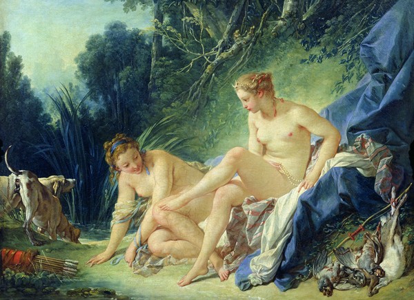 Francois Boucher, Diana getting out of her bath, 1742 (oil on canvas) (Göttin, Mythologie, Diana, Bad, Akt, nackt, Erotik, Landschaft, Rokoko, Malerei, Klassiker, Wunschgröße, Wohnzimmer, Schlafzimmer, bunt)