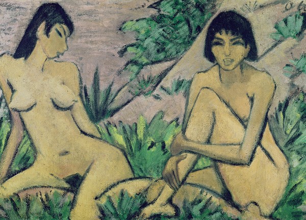 Otto Mueller, Two female nudes in a landscape, c.1922 (oil on burlap) (Aktmalerei, Frauen, lasziv, nackt, Sommer, Landschaft, Expressionismus, Malerei, Wunschgröße, Wohnzimmer, bunt)