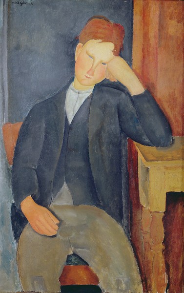 Amedeo Modigliani, The young apprentice, c.1918-19 (oil on canvas) (Portrait, junger Mann, sitzender Mann, nachdenklich, sinnierend, Expressionismus, klassische Moderne, Malerei, Wohnzimmer, Treppenhaus, Wunschgröße, bunt)