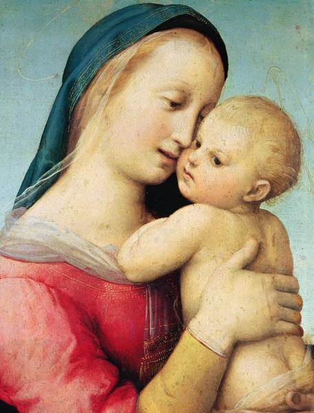 Raphael, Detail of the 'Tempi' Madonna, 1508 (oil on panel) (Madonna, Maria, Kind, Mutterliebe, Jesus, Religion, christlich, Renaissance, Malerei, Klassiker, Wunschgröße, Wohnzimmer, Schlafzimmer, bunt)