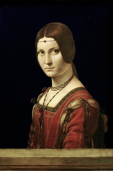 Leonardo da Vinci, Portrait of a Lady from the Court of Milan, c.1490-95 (oil on panel) (Portrait, junge Frau,  Stirnreif, Schönheit, Mätresse, Hofdame, Treppenhaus, Wohnzimmer, Wunschgröße, Renaissance, Malerei, Klassiker)