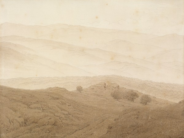 Caspar David Friedrich, Mountain landscape near Teplitz (graphite and wash) (Landschaft, Gebirge, Berge, Dunst, diffus, Studie, Romantik, Malerei, Klassiker, Wohnzimmer, Wunschgröße, sepia)