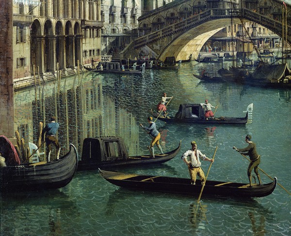 Canaletto, Gondoliers near the Rialto Bridge, Venice (oil on canvas) (detail of 155335)
