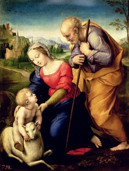Raphael, The Holy Family with a Lamb, 1507 (oil on panel) (Heilige Familie, Maria, Joseph, Jesus, Landschaft, Lamm, Symbol, Religion, Renaissance, Malerei, Klassiker, Wunschgröße, Wohnzimmer, bunt)