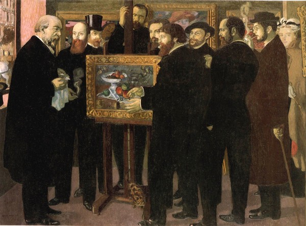 Maurice Denis, Homage to Cezanne, 1900 (oil on canvas) (Künstler, Maler, Künstergruppe, Nabis, Persönlichkeiten, Bildbetrachtung, Hommage, Malerei, Männer, Staffelei, Gemälde, Paul Cezanne, ,Odilon Redon, Edouard Vuillard, Kunstkritiker André Melleri, Wohnzimmer, Galerie, Wunschgröße, bunt)