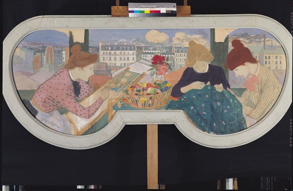 Théophile-Alexandre Steinlen, Three Women Working (oil on canvas) (Art Nouveau, Jugendstil, Frauen, handarbeit, Sticken, Wohnzimmer, Treppenhaus, Wunschgröße, bunt)