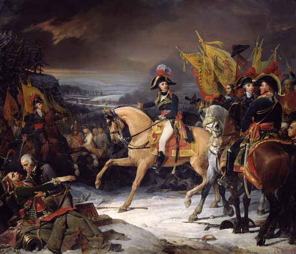 Henri-Frederic Schopin, The Battle of Hohenlinden, 3rd December 1800, 1836 (oil on canvas) (Kriegsszene, Historienbild, Franzosen, General, Schlacht von Hohenlinden, Drama, Malerei, Wunschgröße, Bibliothek, Wohnzimmer, bunt)