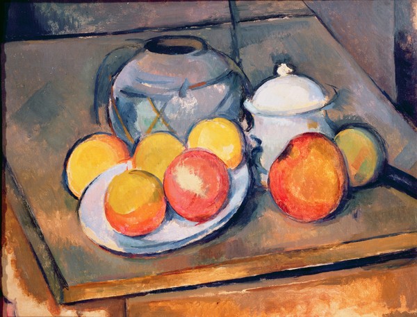 Paul Cézanne, Straw-covered vase, sugar bowl and apples, 1890-93 (oil on canvas) (also see 287555)