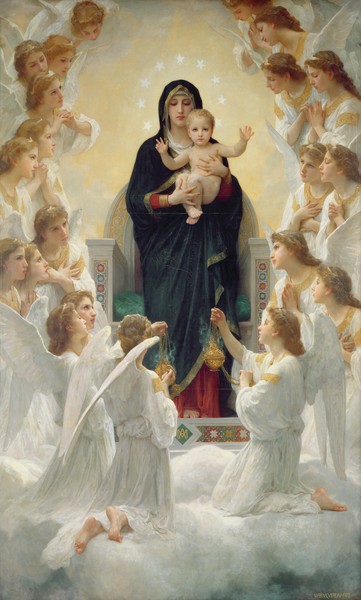 William-Adolphe Bouguereau, The Virgin with Angels, 1900 (oil on canvas) (Maria, Jungfrau, Mutter, Heilige, Jesus, Kind, Knabe, Engel, Aureole, Leuchten, Religion, Christentum, Akademischer Klassizismus, Wohnzimmer, Wunschgröße, Malerei, bunt)