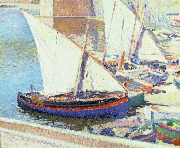 Henri Martin, Fishing boats (oil on canvas) (Boot, Segel, Fischerboot, Hafen, Impressionismus, Pointilismus, Klassische Moderne, Wohnzimmer, Treppenhaus, Wunschgröße, bunt)