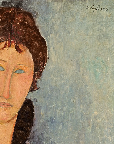 Amedeo Modigliani, Woman with Blue Eyes, c.1918 (oil on canvas) (detail of 96792) (Portrait, Gesicht, Frau, junge Frau, blaue Augen, Expressionismus, klassische Moderne, Malerei, Wohnzimmer, Treppenhaus, Wunschgröße, bunt)