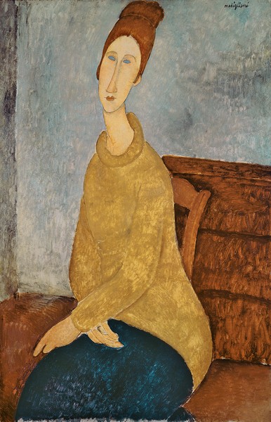 Amedeo Modigliani, Jeanne Hebuterne in a Yellow Jumper, 1918-19 (oil on canvas) (Portrait, Gesicht, Frau, Sitzende, gelber Pullover, Expressionismus, klassische Moderne, Malerei, Wohnzimmer, Treppenhaus, Wunschgröße, bunt)