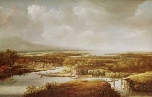 Jan, II Vermeer van Haarlem, Landscape (oil on canvas) (Landschaft, Landschaftsmalerei, Ebene, Fluss, Bauernhöfe, Brücke, Horizont, Wolken, Panorama, Malerei, Wunschgröße, Barock, Niederlande, goldenes Zeitalter, Wohnzimmer, bunt)