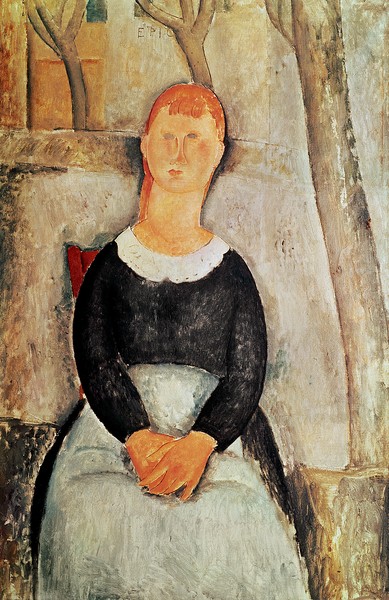 Amedeo Modigliani, The Beautiful Grocer (oil on canvas) (Portrait, Sitzende, Metzgerin, Garten, Frau,  Expressionismus, klassische Moderne, Malerei, Wohnzimmer, Treppenhaus, Wunschgröße, bunt)