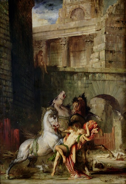 Gustave Moreau, Diomedes Being Eaten by his Horses, 1865 (oil on canvas) (König, Ruinen, Pferde, brutal, grausam,  Mythologie, griechische, Symbolismus, Wohnzimmer, Wunschgröße, Klassiker, bunt)