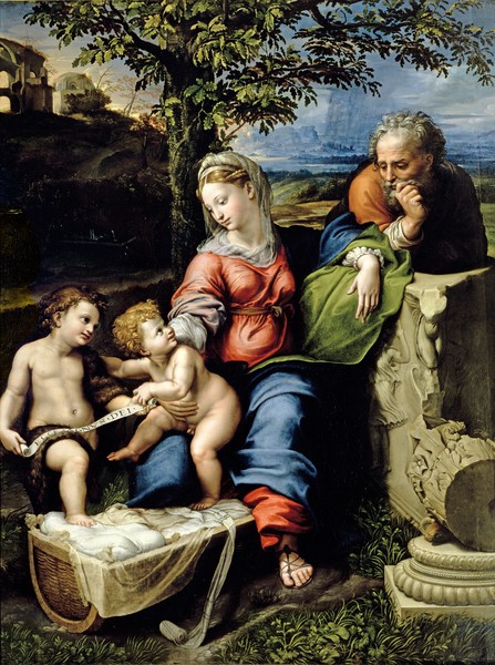 Raphael, The Holy Family of the Oak Tree, c.1518 (oil on panel) (Heilige Familie, Maria, Joseph, Jesus, Johannes, Eichenbaum, Eiche, Landschaft, Ruinen,  Religion, christlich, Renaissance, Malerei, Klassiker, Wunschgröße, Wohnzimmer, bunt)