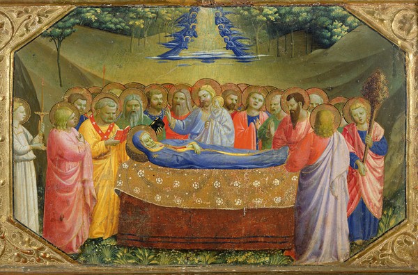 Fra Angelico, Funeral of the Virgin Mary from the predella of the Annunciation Altarpiece, c.1430-32 (tempera & gold on panel) (Maria, Tod, Sterbebett, Heilige, Altarbild, Wunschgröße,  Wohnzimmer, religiös, christlich, Frührenaissance, Wunschgröße, bunt)