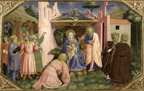 Fra Angelico, Adoration of the Magi, from the predella of the Annunciation Altarpiece, c.1430-32 (tempera & gold on panel) (Anbetung, Heilige drei Könige, Stall, Heilige Familie, Geburt Jesu, Altarbild, Wunschgröße,  Wohnzimmer, religiös, christlich, Frührenaissance, Wunschgröße, bunt)