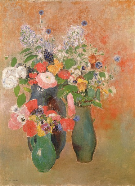 Odilon Redon, Still Life of Flowers, 1910 (oil on canvas) (Postimpressionismus, Stillleben, Blumenvasen, Blüten, Blumen, Sommerblumen, floral, Klassiker, Malerei, Wohnzimmer, Esszimmer, Treppenhaus, Wunschgröße, bunt)