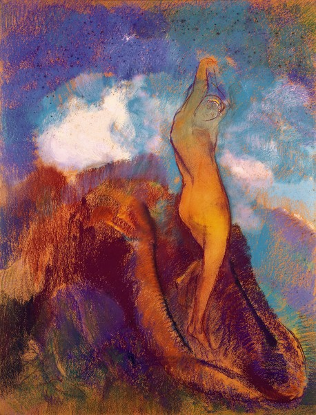 Odilon Redon, The Birth of Venus, 1912 (pastel on paper) (Wunschgröße, Klassiker, Symbolismus, Figurativ, Venus, Schönheit, Göttin, Muschel, Geburt,sinnlich, Mythologie, Sagenwelt,  Treppenhaus, Wohnzimmer, Malerei, bunt)