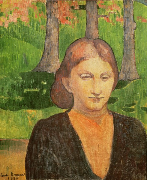 Emile Bernard, Portrait of My Sister Madeleine, 1888 (oil on canvas) (Portrait, Frau, Schwester des Künstlers, Konturen, flächig, Cloisonismus, Malerei, Wohnzimmer, Klassische Moderne, Treppenhaus, Wunschgröße, bunt)