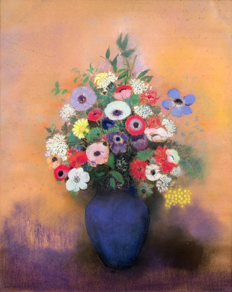 Odilon Redon, Anemones and lilac in a Blue Vase, after 1912 (pastel) (Postimpressionismus, Stillleben, Blumenvase, Blüten, Blumen, Sommerblumen, floral, Klassiker, Malerei, Wohnzimmer, Esszimmer, Treppenhaus, Wunschgröße, bunt)