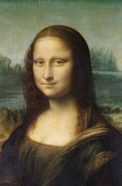 Leonardo da Vinci, Detail of the Mona Lisa, c.1503-6 (oil on panel) (Renaissance, Malerei, Portrait, La Gioconda, Frau, Kopf, Lächeln, Landschaft, Schlafzimmer, Wohnzimmer,  Klassiker, Wunschgröße, bunt)