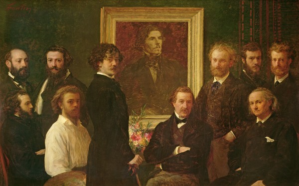 Ignace Henri Jean Fantin-Latour, Homage to Delacroix, 1864 (oil on canvas) (Gruppenbild, Portraits, Ehrung, Delacroix, Bild im Bild,  Künstler, Realismus, Malerei, Wohnzimmer, Wunschgröße, bunt)