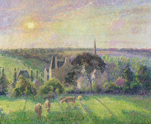 Camille Pissarro, The Church and Farm of Eragny, 1895 (oil on canvas) (Landschaftsmalerei, Landschaft, Idylle, Dorf, Frankreich, Pointillismus, Klassische Moderne, Wohnzimmer, Wunschgröße)