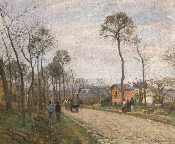 Camille Pissarro, The Road from Louveciennes, 1870 (oil on canvas) (Landschaftsmalerei, Landschaft, Dorfstraße, Idylle, Dorf, Frankreich, Impressionismus, Klassische Moderne, Wohnzimmer, Wunschgröße)