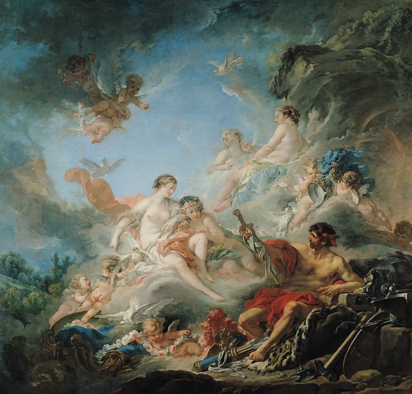 Francois Boucher, The Forge of Vulcan, or Vulcan presenting arms for Aeneas to Venus, tapestry cartoon, 1757 (oil on canvas) (Göttin, Venus, Gott, Vulkanus, Schmied, Waffenschmied, Mythologie, , Akt, nackt, Erotik, Rokoko, Malerei, Klassiker, Wunschgröße, Wohnzimmer, Schlafzimmer, bunt)