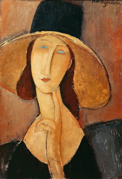 Amedeo Modigliani, Portrait of Jeanne Hebuterne in a large hat, c.1918-19 (oil on canvas) (Portrait, Gesicht, Bildnis, großer Hut, Frau,  Expressionismus, klassische Moderne, Malerei, Wohnzimmer, Treppenhaus, Wunschgröße, bunt)