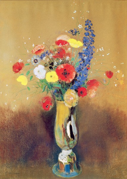 Odilon Redon, Wild flowers in a Long-necked Vase, c.1912 (pastel on paper) (Postimpressionismus, Stillleben, Blumenvase, Blüten, Blumen, Sommerblumen, floral, Klassiker, Malerei, Wohnzimmer, Esszimmer, Treppenhaus, Wunschgröße, bunt)