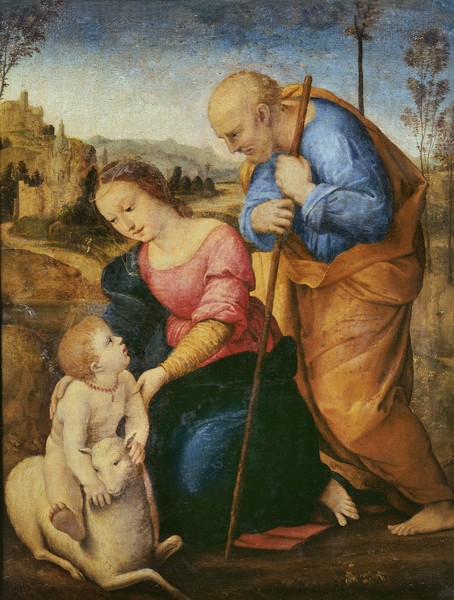 Raphael, The Holy Family with a Lamb (oil on wood) (Heilige Familie, Maria, Joseph, Jesus, Lamm, Symbol, Landschaft, Religion, Neues Tstament, christlich, Renaissance, Malerei, Klassiker, Wunschgröße, Wohnzimmer, bunt)